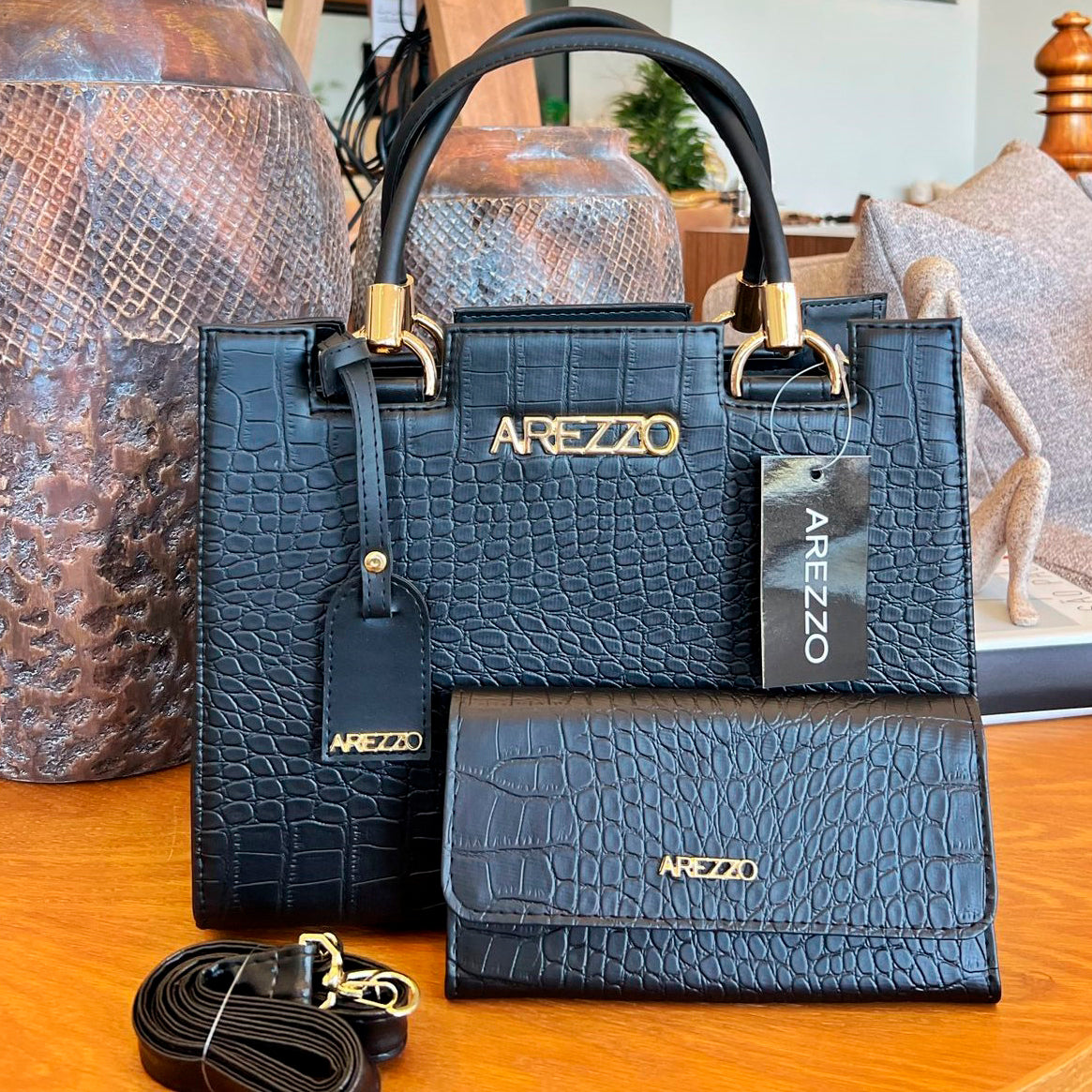 Bolsa Arezzo Tote Couro Croco Preto + Carteira Soft + Alça Dupla Transversal Ajustável e Removível