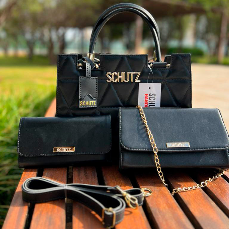 Bolsa Schutz Preto Metalassê em Couro + Carteira Soft + Alça Transversal Removível + Bolsa Mid Alças Correntes Dourada