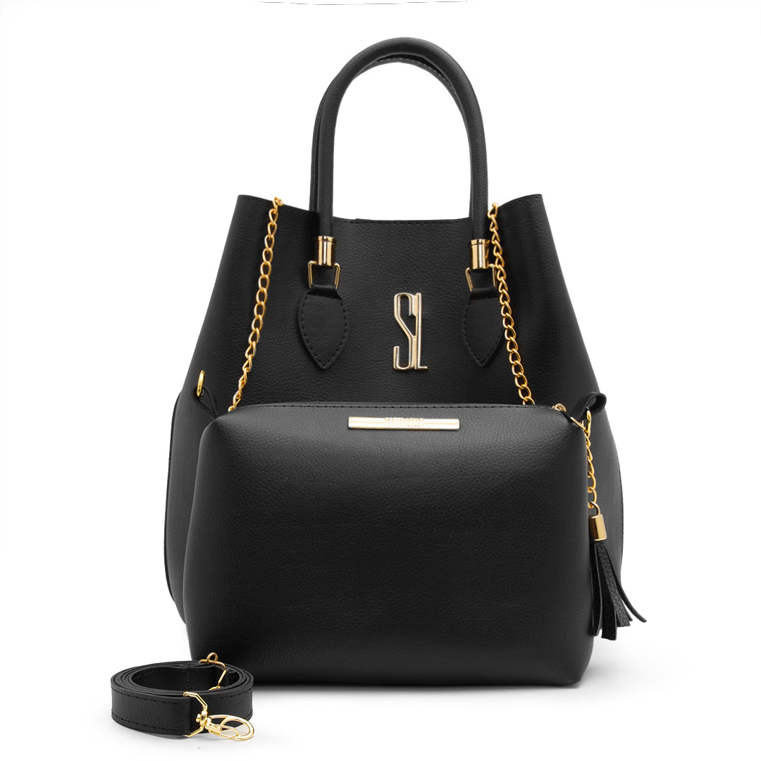 Bolsa Shopper Feminina Santa Lolla Preto com Necessaire + Alça Transversal Metais em Dourado