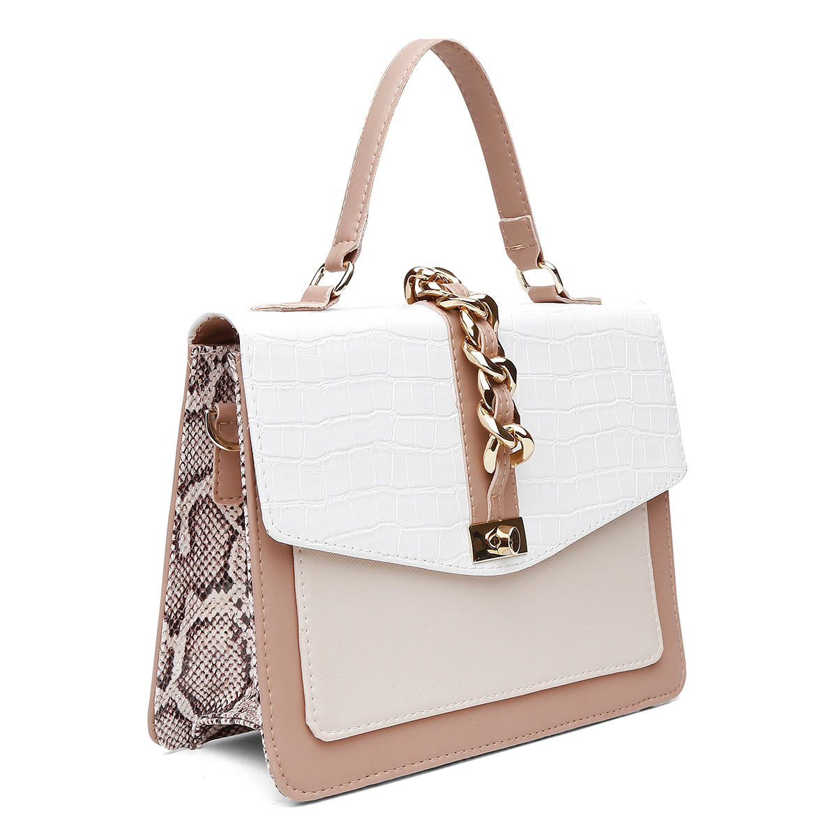 Bolsa Feminina Média Paris Handbag com Estampa Cobra Croco Branco