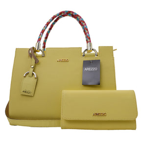 Bolsa Arezzo Amarelo em Couro com Alça Trançada Colorida + Carteira Soft + Alça Transversal Removível