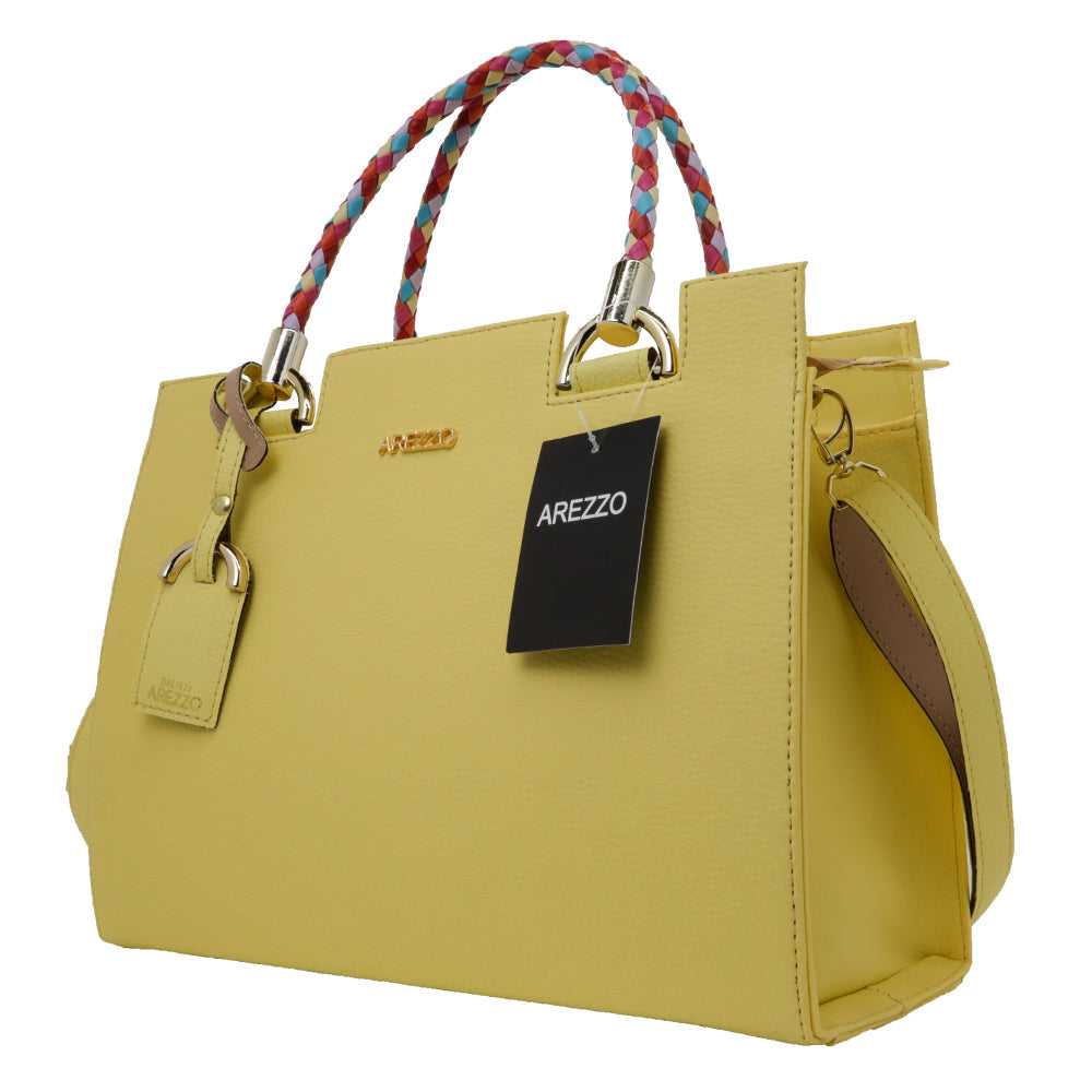 Bolsa Arezzo Amarelo em Couro com Alça Trançada Colorida + Carteira Soft + Alça Transversal Removível