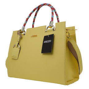 Bolsa Arezzo Amarelo em Couro com Alça Trançada Colorida + Carteira Soft + Alça Transversal Removível