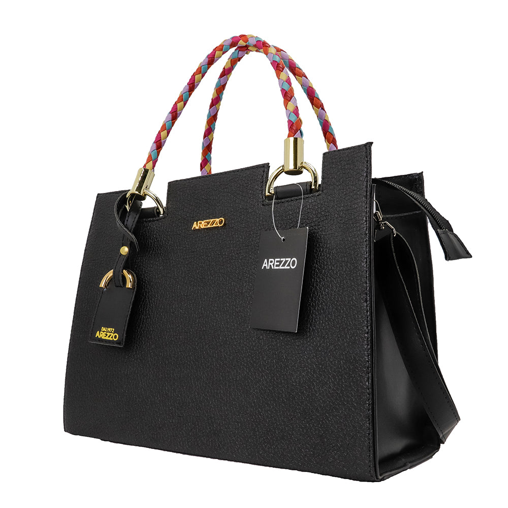 Bolsa Arezzo Preto em Couro com Alça Trançada Colorida + Carteira Soft + Alça Transversal Removível