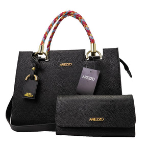 Bolsa Arezzo Preto em Couro com Alça Trançada Colorida + Carteira Soft + Alça Transversal Removível