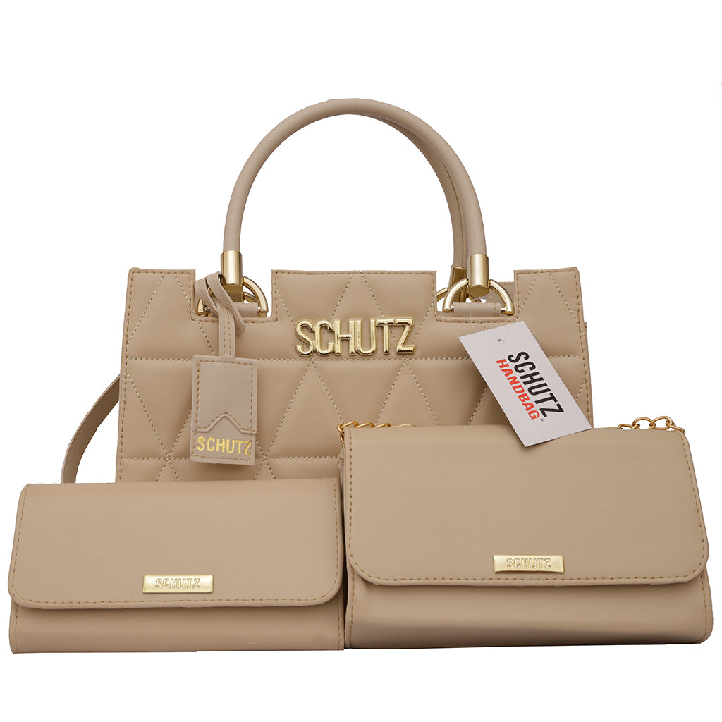 Bolsa Schutz Nude Metalassê em Couro + Carteira Soft + Alça Transversal Removível + Bolsa Mid Alças Correntes Dourada