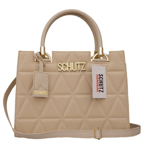 Bolsa Schutz Nude Metalassê em Couro + Carteira Soft + Alça Transversal Removível + Bolsa Mid Alças Correntes Dourada