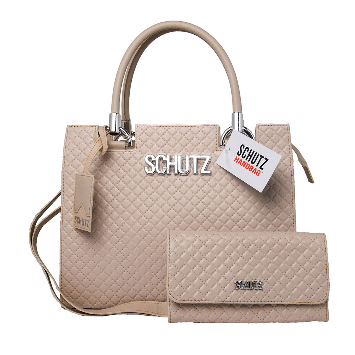 Bolsa Schutz Nude Metalassê em Couro + Carteira Soft + Alça Transversal Removível