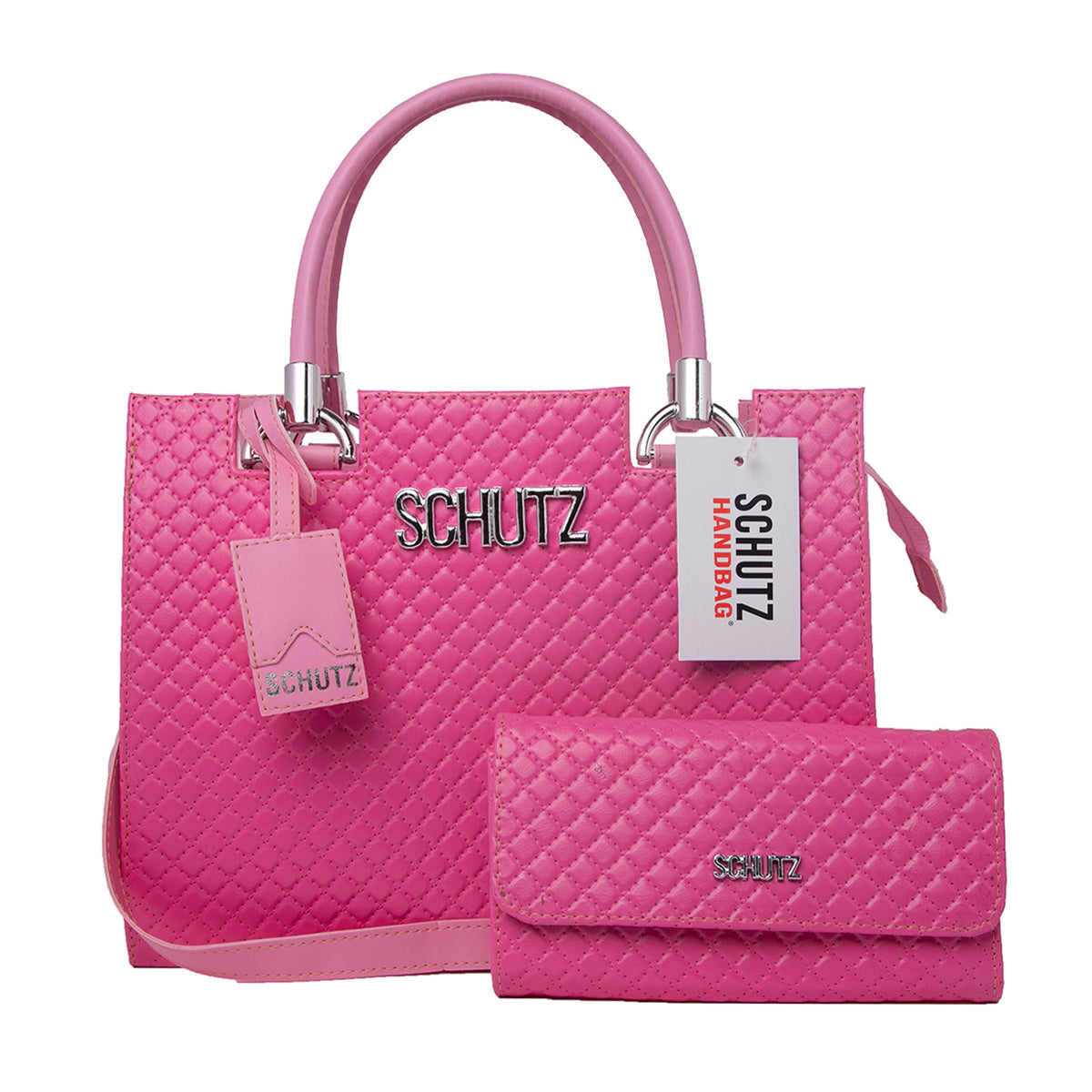 Bolsa Schutz Pink Metalassê em Couro + Carteira Soft + Alça Transversal Removível