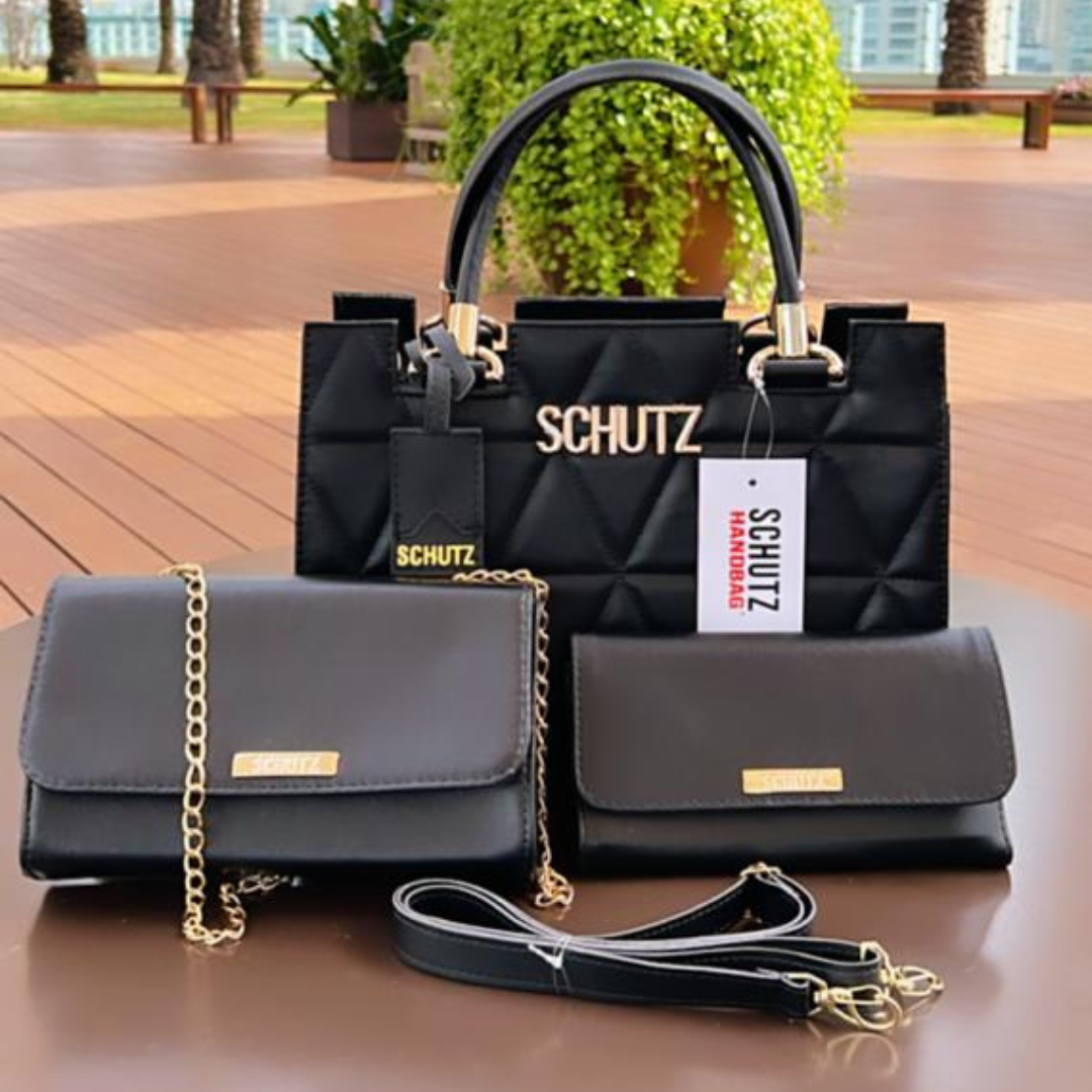 Kit Bolsa Castelo Schutz Preto Bordado Metalassê + Bolsa Mid + Carteira Soft Luxo + Alça Transversal