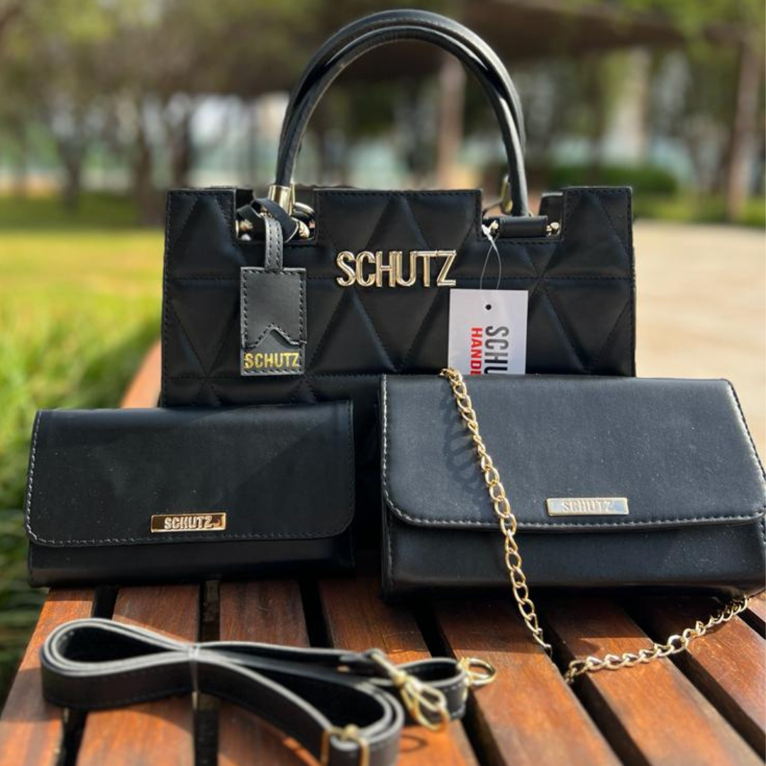 Kit Bolsa Castelo Schutz Preto Bordado Metalassê + Bolsa Mid + Carteira Soft Luxo + Alça Transversal