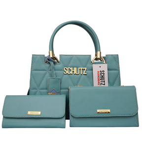 Bolsa Schutz Nude Metalassê em Couro + Carteira Soft + Alça Transversal Removível + Bolsa Mid Alças Correntes Dourada